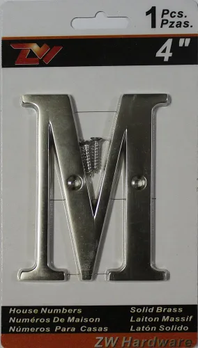 Vista 2 de ZW Hardware B100 - Letra M de latón macizo chapado en níquel mate (4 pulgadas)