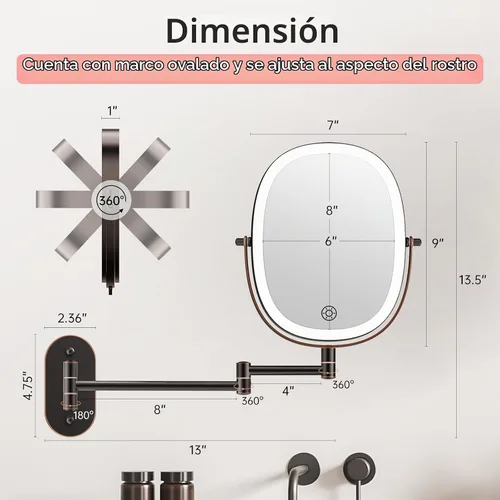 Vista 6 de FUNTOUCH Espejo de Maquillaje Montado en la Pared Iluminado 30X/1X, Espejo de Aumento de Baño Recargable de Doble Cara de 5000mAh, Modos de 3 30