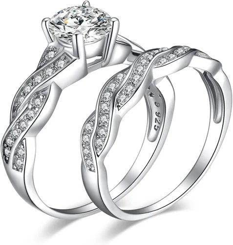 Vista 9 de JewelryPalace - Anillos de boda y compromiso para mujer, chapados en oro de 14 quilates, plata de ley 925 con circonita cúbica, anillos de promesa