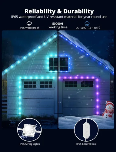 Vista 4 de Luces de exterior permanentes de 50 pies con 45 LED, luces de cadena LED RGB para exteriores que cambian de color con 60 lm de luz blanca cálida