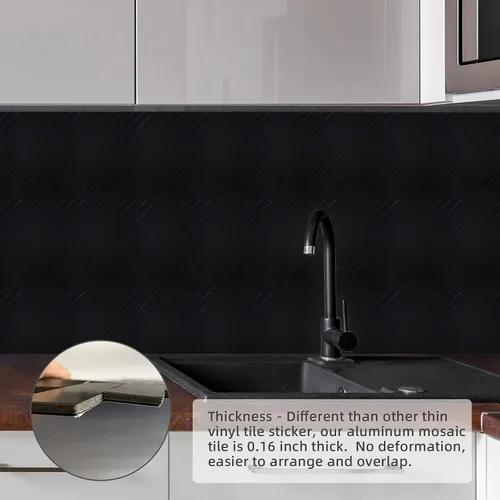 Vista 3 de Azulejos para Salpicadero de Cocina de 6 Hojas Despegar y Pegar, Panel Compuesto de Aluminio con Patrón Espiga Negro, Azulejos Adhesivos para Pared