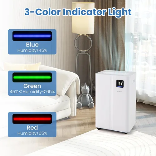 Vista 7 de COSTWAY Deshumidificador de 54 pintas para sótano, deshumidificador de 4500 pies cuadrados con 3 modos, temporizador de 24 horas, pantalla LED, luz