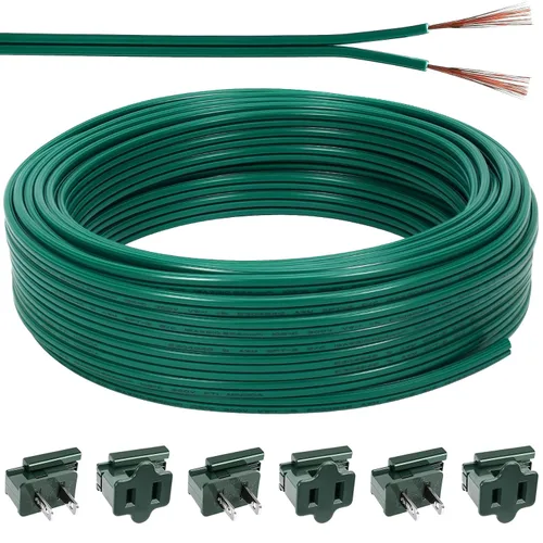 Vista 10 de Cable eléctrico de Navidad SPT-1 de 60 pies con 6 enchufes de vampiro, cable de calibre 18, cable eléctrico de 2 conductores, cable de bajo voltaje
