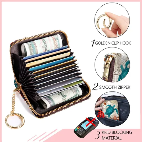 Vista 6 de Blusabaca Cartera con tarjetero RFID para mujer, cartera pequeña para tarjetas con llavero y cremallera, tarjetero de cuero con bolsillo de tortuga
