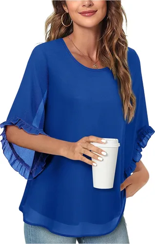 Vista 2 de Blusa de manga 34 con volantes para mujer, camisas fluidas de doble capa, elegantes blusas de gasa
