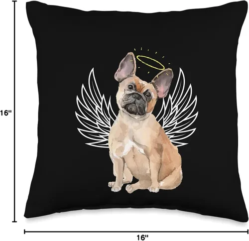 Vista 4 de French Bulldog Frenchie Fans Dog Breed Accessories Bonita almohada de ala de ángel y halo de bulldog francés, color marrón y marrón tostado, 15.7 x