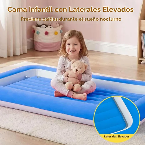 Vista 2 de Cama de aire para niños, colchón inflable para viaje de bebé con laterales, azul