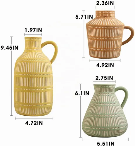 Vista 5 de Juego de 3 jarrones de cerámica bohemios para sala de estar, dormitorio, modernos, amarillo, marrón, verde, jarrones para flores artificiales