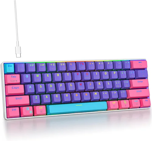 Vista 12 de Protable - Teclado mecánico para juegos al 60%, mini compacto RGB retroiluminado 61 teclas, teclado de oficina con cable con interruptor rojo