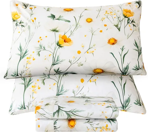 Vista 21 de QSH Juego de sábanas de tamaño individual 100% algodón egipcio, estampado de flores verdes con pájaros, mariposas y botánicas, lujo impreso, ropa