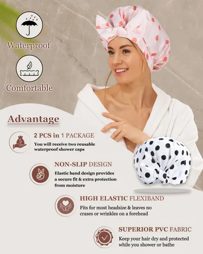 Vista 3 de 2 piezas de gorras de ducha para mujer, gorras de ducha reutilizables impermeables para el cabello con moño ajustable, lujosa gorra de baño para Rosa