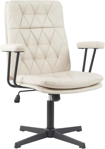 Vista 6 de Silla de escritorio sin ruedas, silla giratoria de oficina en casa con patas cruzadas Sillón de acento sólido blanco crema
