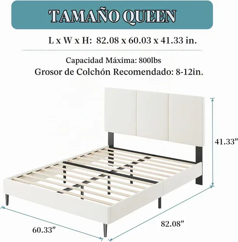 Vista 2 de IOILORI Base de cama tamaño Queen con cabecera tapizada, listones de madera resistentes, no requiere somier, silencioso, fácil montaje, beige