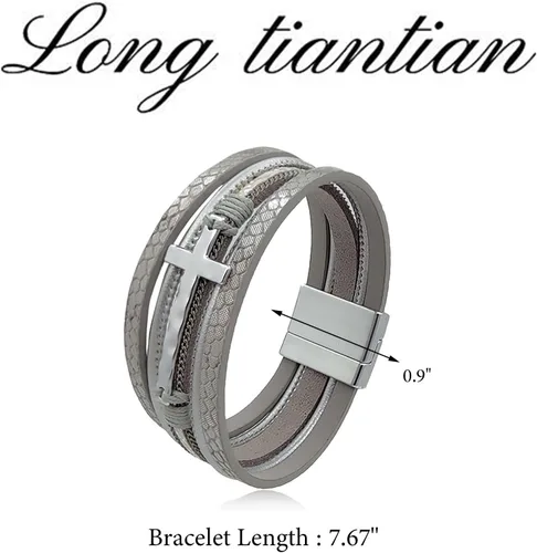 Vista 7 de Long tiantian Pulseras de cuero para mujer, pulseras de moda para mujer, pulsera apilable de cruz para mujer, pulseras de múltiples capas