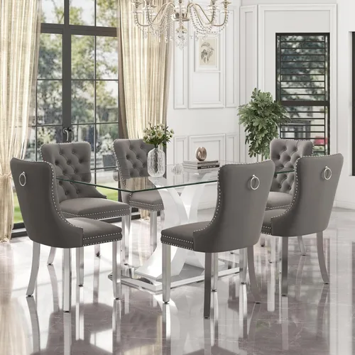 Vista 13 de Juego de comedor de cristal moderno de lujo de 7 piezas, juego de cena rectangular minimalista grande para 6, mesa de cocina de cristal transparente
