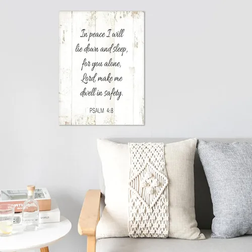 Vista 3 de Letrero de madera rústica moderno para colgar en la pared, decoración del hogar, versículo de la Biblia en paz con texto en inglés "I Will Lie Down