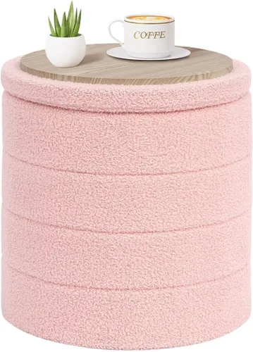 Vista 10 de PINPLUS Otomana de Almacenamiento Redonda Reposapiés Taburete con Bandeja de Terciopelo Sherpa Otomana de Almacenamiento Plegable, Reposapiés Boucle