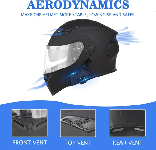 Vista 3 de Casco de Motocicleta Bluetooth, Casco de Motocicleta Modular con Bluetooth, Aprobado por DOT Doble Visera Cara Completa Abatible Cascos