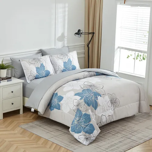 Vista 2 de Luxudecor Juego de edredón floral tamaño individual, 6 piezas de cama en una bolsa, edredón floral azul y juego de sábanas, juego de ropa de cama