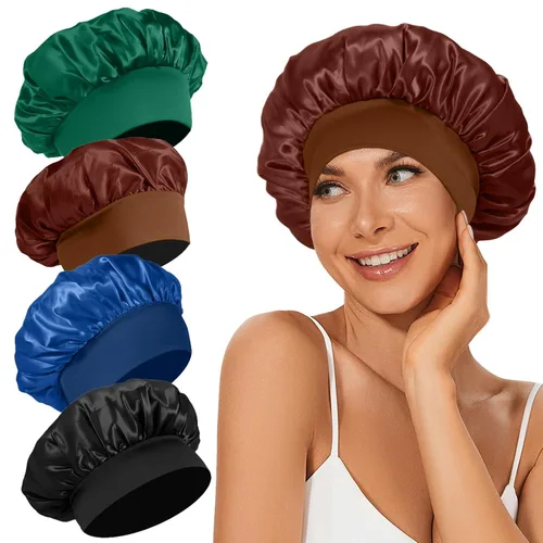 Vista 16 de 4 piezas de gorro de satén de seda, gorro de cabello para dormir, gorro de seda elástica de banda ancha para dormir, suave y transpirable Gorra