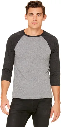 Vista 4 de Bella + Canvas - Camiseta de béisbol unisex con manga 3/4 (3200) DEEP HTHR/NEGRO Blanco/Negro