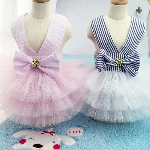 Vista 9 de Vestidos para Perros, Ropa de Mascota a la Moda, Vestidos de Princesa para Cachorros con Rayas y Malla (Azul, XS)