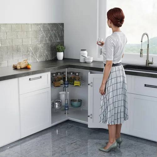 Vista 2 de Dowell Base gabinete con forma de riñón de diámetro 24 270° Lazy Susan, 2 estantes, base de cocina organizador de gabinete de esquina