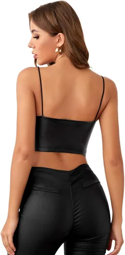 Vista 2 de MakeMeChic Camiseta corta sin mangas de piel sintética para mujer