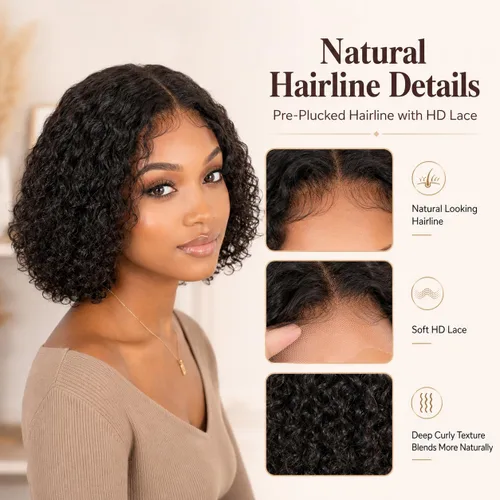 Vista 3 de Peluca de cabello humano rizado profundo de 12 pulgadas para mujeres negras, color natural Glueless T Part HD Curls Lace Front Wigs, Pre-Plucked