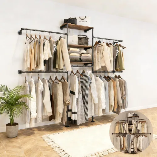 Vista 6 de KaKaBB Perchero de ropa estilo tubería industrial - Perchero de ropa de alta resistencia para montar en la pared, sistema de armario en esquina