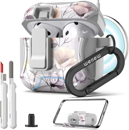 Vista 10 de wenew Funda compatible con AirPods Pro de 2ª/1ª generación con soporte para teléfono, limpiador, clip, compatible con Magsafe, funda de carga