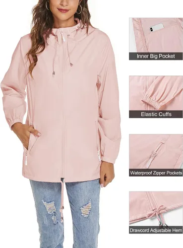 Vista 3 de Avoogue Chaqueta impermeable para mujer, ligera, transpirable, con capucha, rompevientos activos con bolsillo
