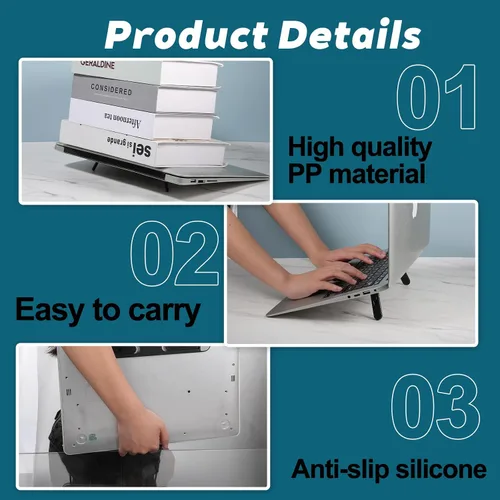 Vista 5 de Soporte elevador de teclado plegable, pies autoajustables para computadora portátil con ángulos duales, soporte para computadora pequeño, elevador
