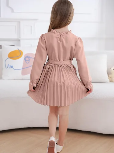 Vista 4 de Kimoda Vestidos de otoño para niñas pequeñas, 2-6T, vestidos para niña pequeña, cuello con volantes, plisado, vestido casual para niñas