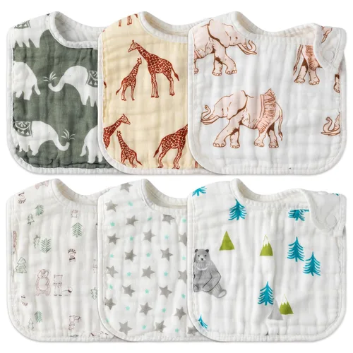 Vista 11 de Zainpe 6 piezas de baberos de algodón de muselina con broches para bebé con patrón de conejo, oso, oveja, pañuelos para babero suaves, absorbentes