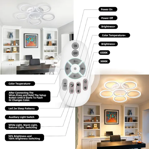 Vista 6 de Lámpara de techo LED, lámpara de techo moderna de 6 anillos, 77 W regulable 3000K a 6500K, luz de techo blanca con control remoto para sala