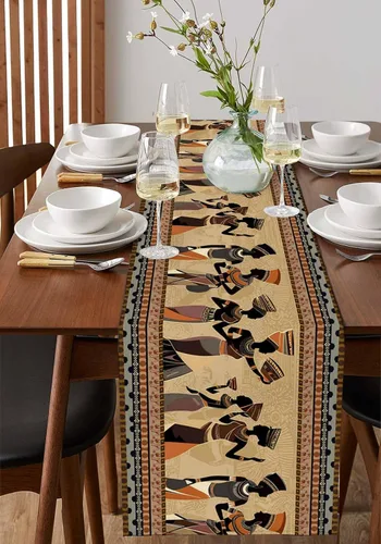 Vista 4 de Camino de mesa de mujer africana y manteles individuales para mesa de comedor, camino de mesa de tribu étnica de arte americano de 90 pulgadas
