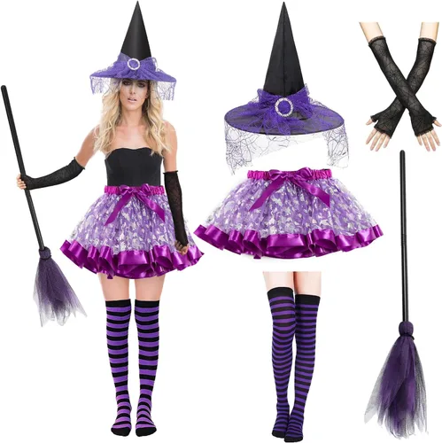 Vista 8 de Witch Costume Women, 5PCS Halloween Costume with Hat Tutu Broom Striped Thigh Socks Gloves Naranja