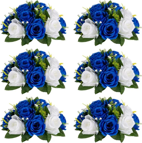Vista 19 de Sziqiqi Flores de rosas artificiales de seda sintética para decoración de centros de mesa de boda, decoración del hogar, paquete de 2 unidades Azul