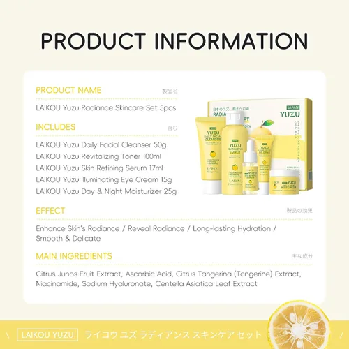 Vista 6 de LAIKOU YUZU - Set de cuidado de la piel con suero, limpiador, tónico, crema de ojos, crema hidratante de día y noche para mujeres, adolescentes
