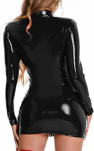 Vista 4 de Body de manga larga de cuero con aspecto húmedo para mujer, lencería para sexo, travieso con cuello alto y cremallera, trajes de fiesta