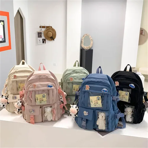 Vista 6 de Linda mochila con bonito oso de peluche y bonitos accesorios de alfiler estético de gran capacidad bonita bolsa de libros para niñas y adolescentes