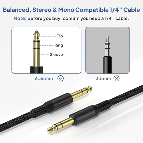 Vista 3 de Elebase 1/4 Pulgada TRS Cable de Instrumento 1 Metro 2Pack, Cable de Audio Estéreo de Conexión de 6.35mm Macho Recto, Línea Equilibrada de 6.35mm