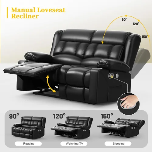 Vista 3 de Juego de sofá reclinable loveseat con 2+1 piezas, 2 plazas estilo minimalista reclinable manual con tirador, loveseat con puertos de carga USB