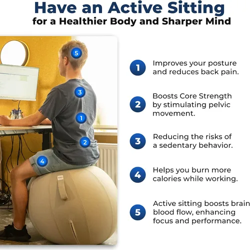 Vista 6 de Backerz Balance Ball Chair for Office & Home - Ergonomic Exercise Ball for Posture & Back Pain Relief, Yoga Ball Chair - Sitting Ball with Washable