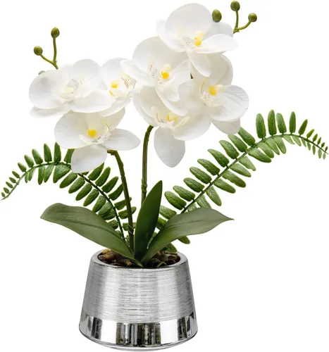 Vista 10 de Orquídeas blancas artificiales en maceta dorada, orquídea Phalaenopsis falsa, orquídea Bonsia sintética, centro de mesa para mesa de comedor