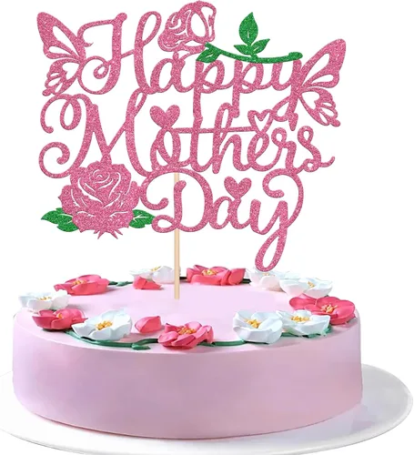 Vista 13 de Rsstarxi 1 paquete de decoración para pastel con flores de purpurina con doble corazón Love Mom Best Mom Best Mom Cake Pick Decoraciones para feliz
