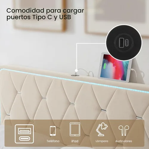 Vista 4 de VECELO - Base de cama tapizada tamaño Queen con cabecera ajustable, cama de plataforma de terciopelo con luces LED, estación de carga, base