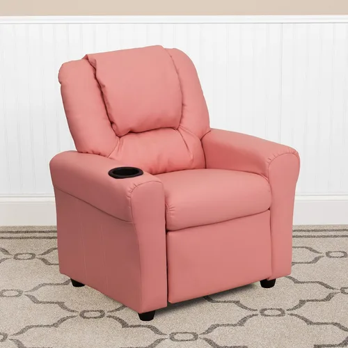 Vista 10 de EMMA + OLIVER Sillón reclinable infantil de vinilo beige con portavasos y reposacabezas