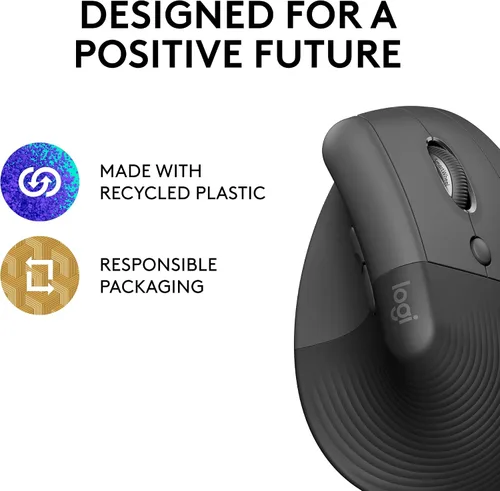 Vista 5 de Logitech Lift - Mouse ergonómico vertical, inalámbrico, Bluetooth o Logi Bolt receptor USB, clics silenciosos, 4 botones, compatible con Grafito